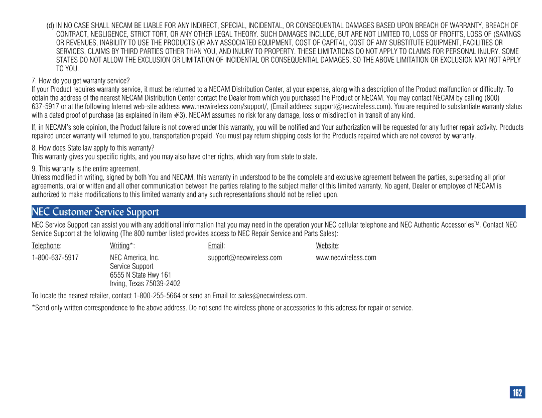 NEC 515 owner manual NEC Customer Service Support, 162 