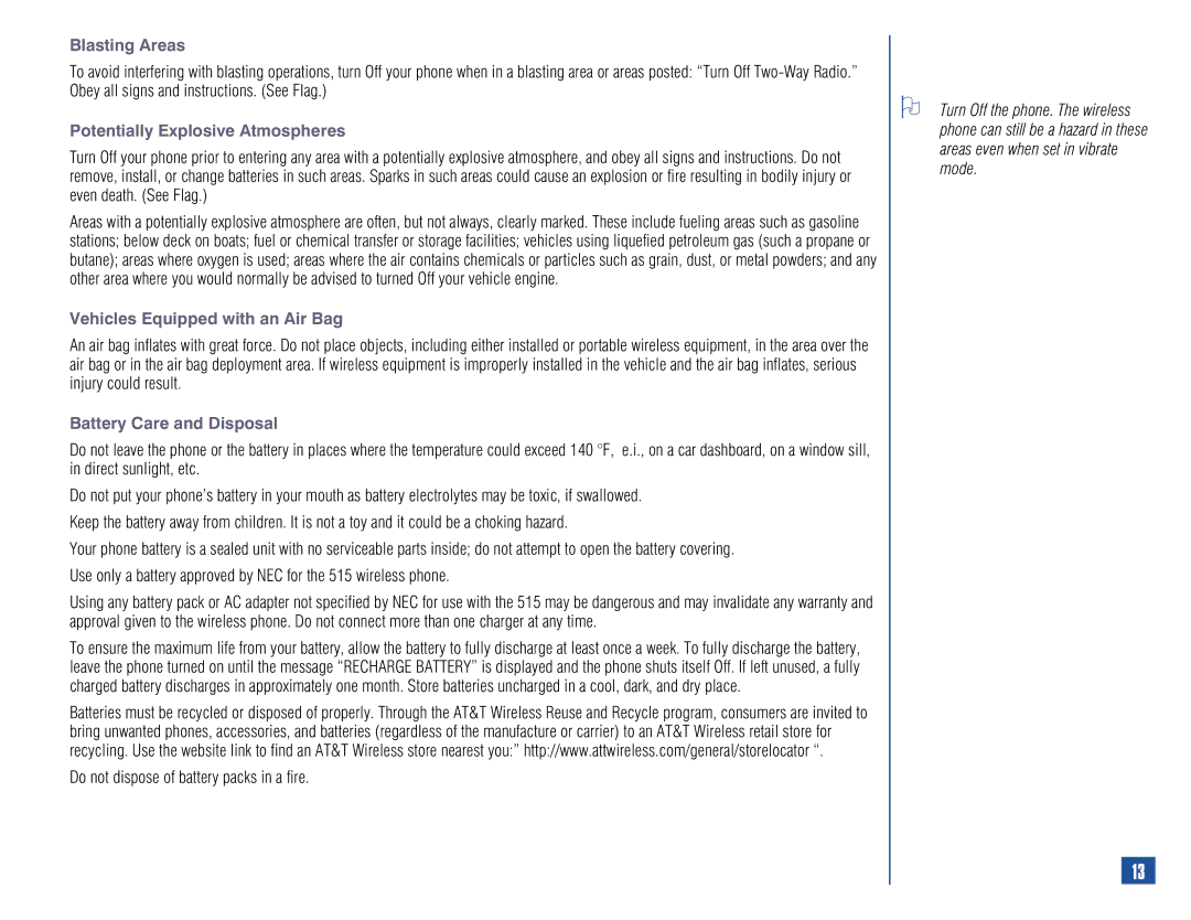 NEC 515 Blasting Areas, Potentially Explosive Atmospheres, Vehicles Equipped with an Air Bag, Battery Care and Disposal 