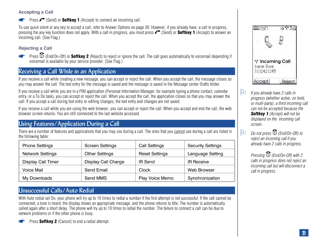 NEC 515 Receiving a Call While in an Application, Using Features/Application During a Call, Unsuccessful Calls/Auto Redial 