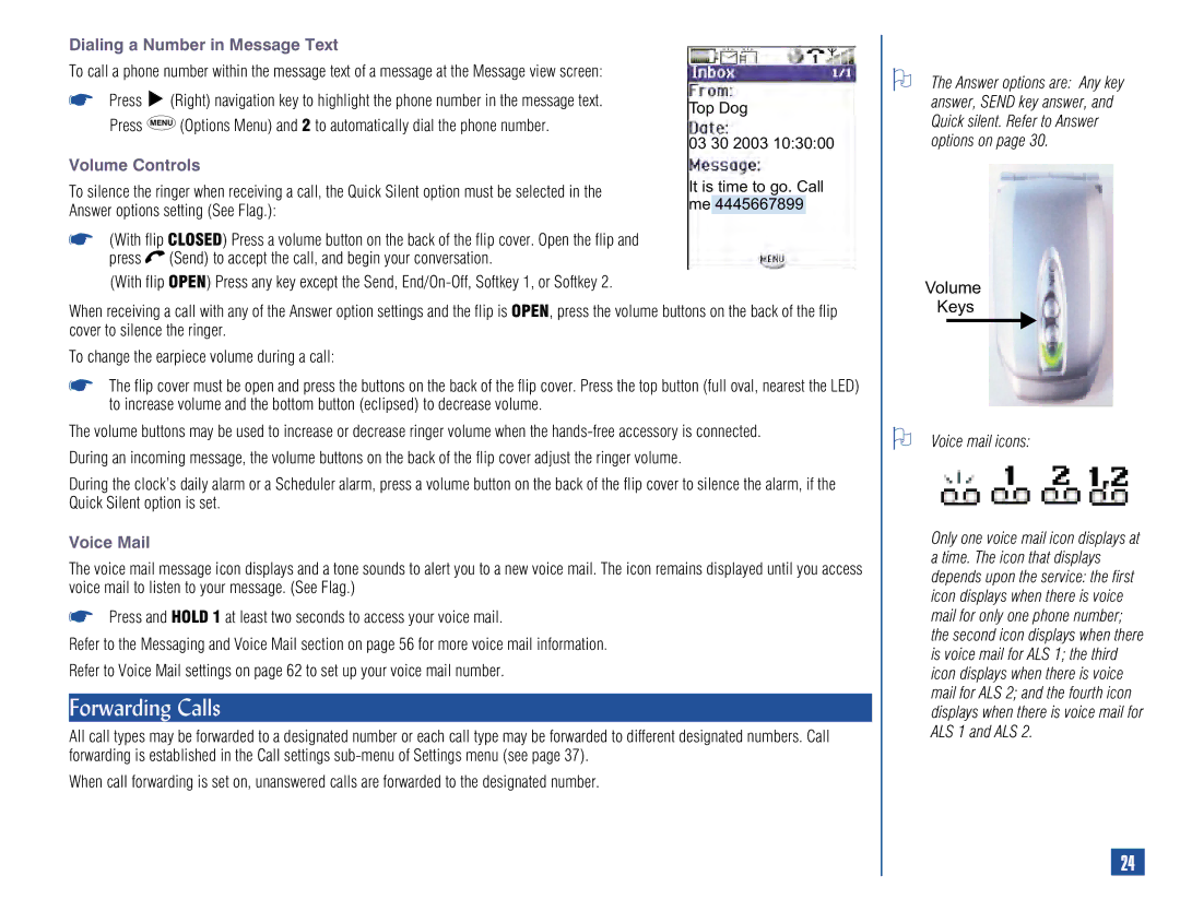 NEC 515 owner manual Forwarding Calls, Dialing a Number in Message Text, Volume Controls, Voice Mail, Voice mail icons 