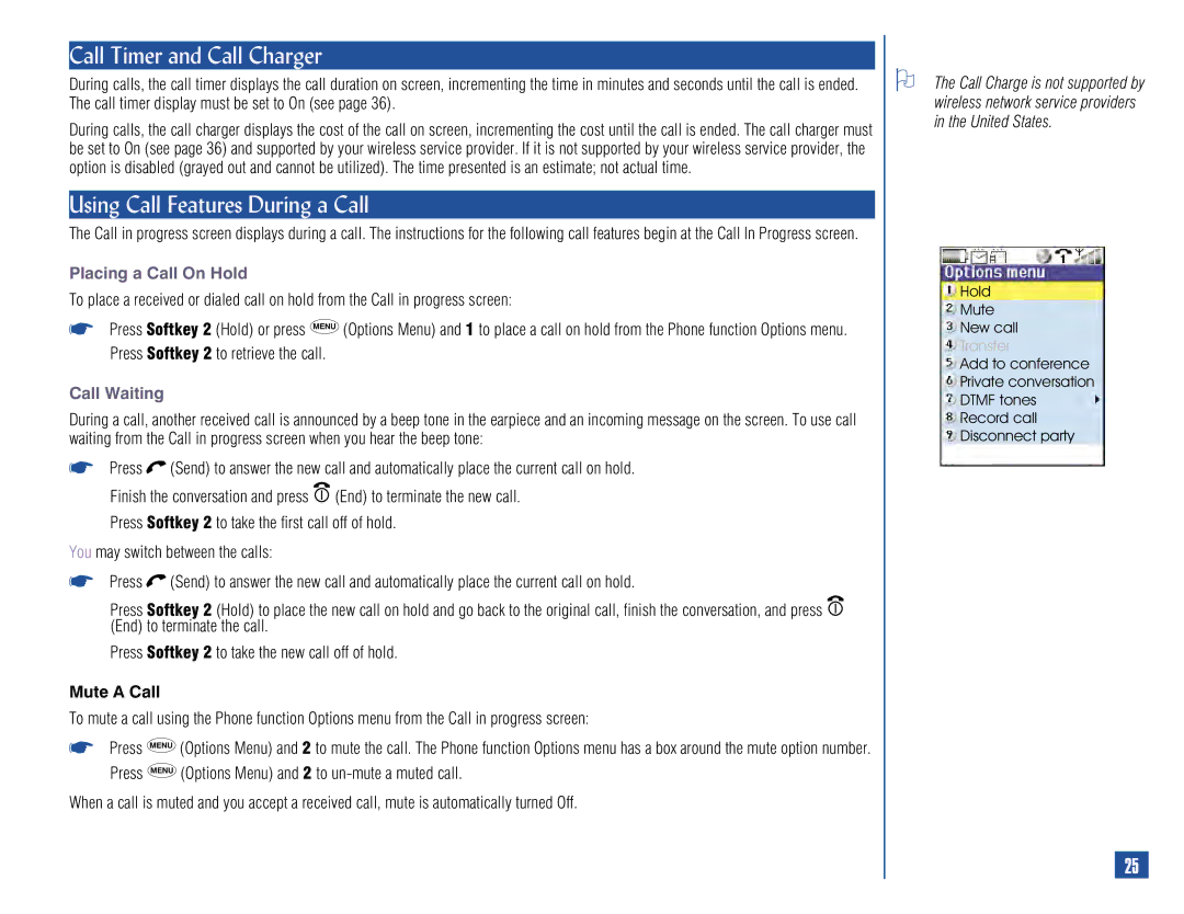 NEC 515 owner manual Call Timer and Call Charger, Using Call Features During a Call, Placing a Call On Hold, Call Waiting 