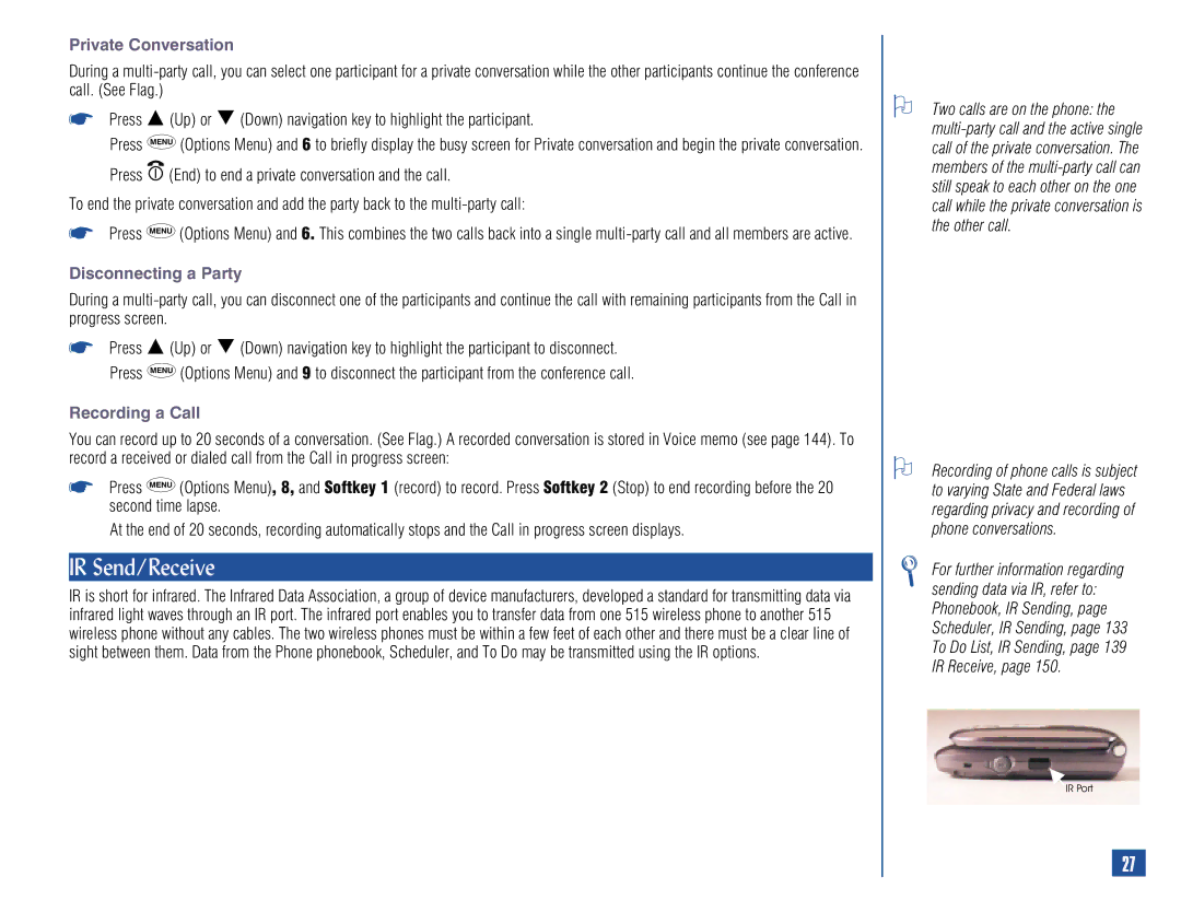 NEC 515 owner manual IR Send/Receive, Private Conversation, Disconnecting a Party, Recording a Call 