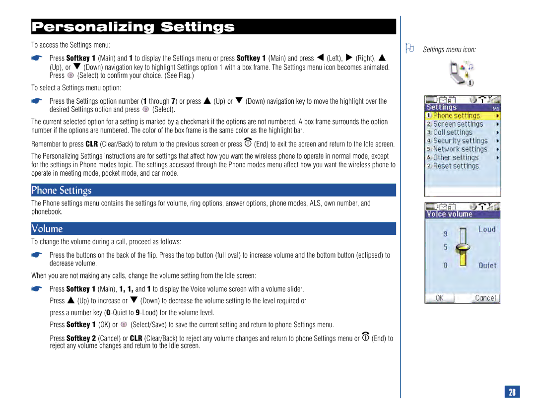 NEC 515 owner manual Personalizing Settings, Phone Settings, Volume, Settings menu icon 