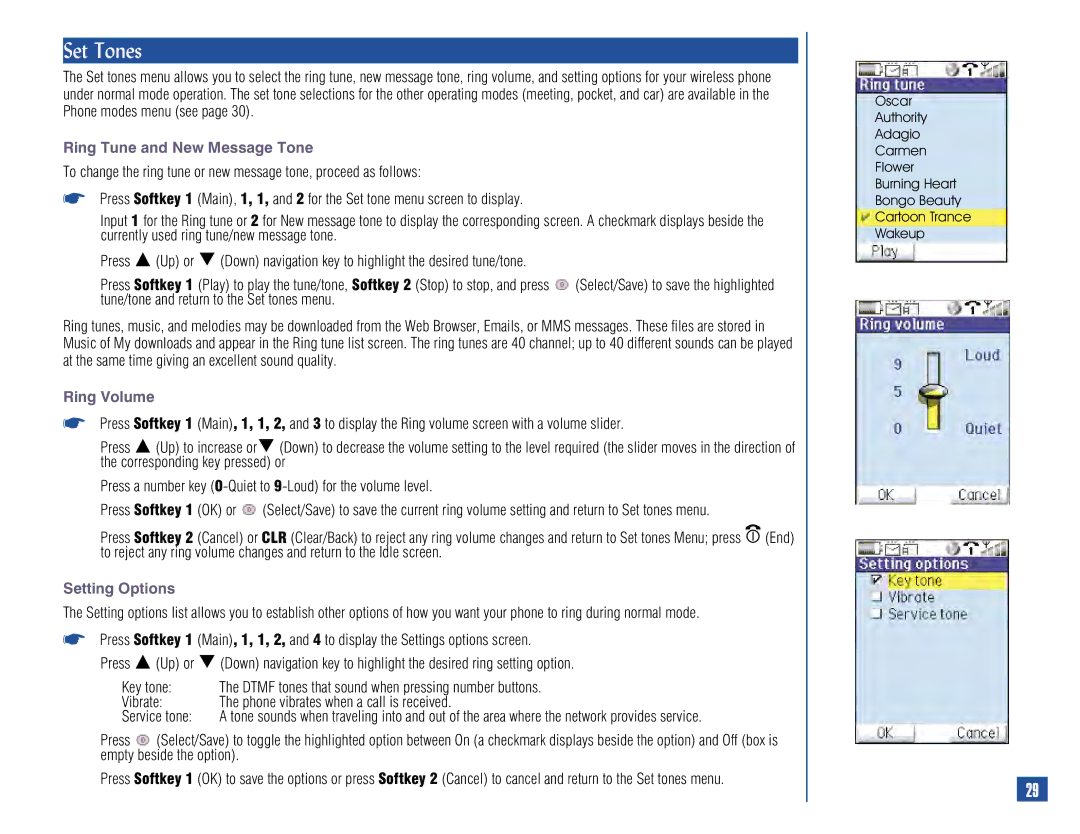 NEC 515 owner manual Set Tones, Ring Tune and New Message Tone, Ring Volume, Setting Options 