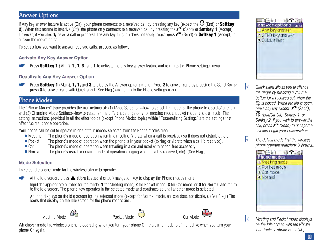 NEC 515 Answer Options, Phone Modes, Activate Any Key Answer Option, Deactivate Any Key Answer Option, Mode Selection 