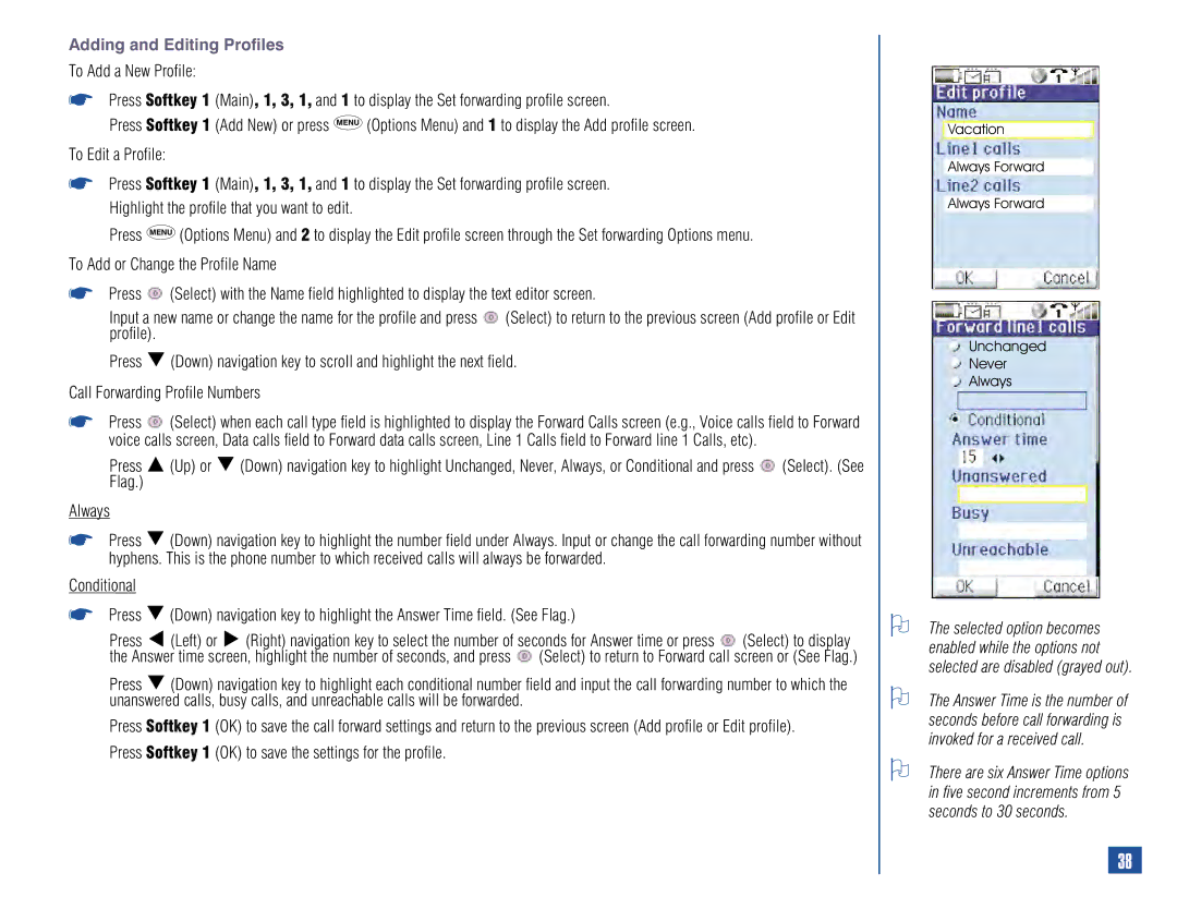 NEC 515 owner manual Adding and Editing Profiles, Vacation Always Forward Unchanged Never 