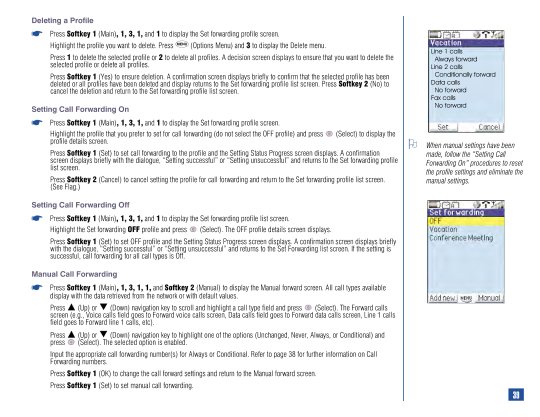 NEC 515 owner manual Deleting a Profile, Setting Call Forwarding On, Setting Call Forwarding Off, Manual Call Forwarding 