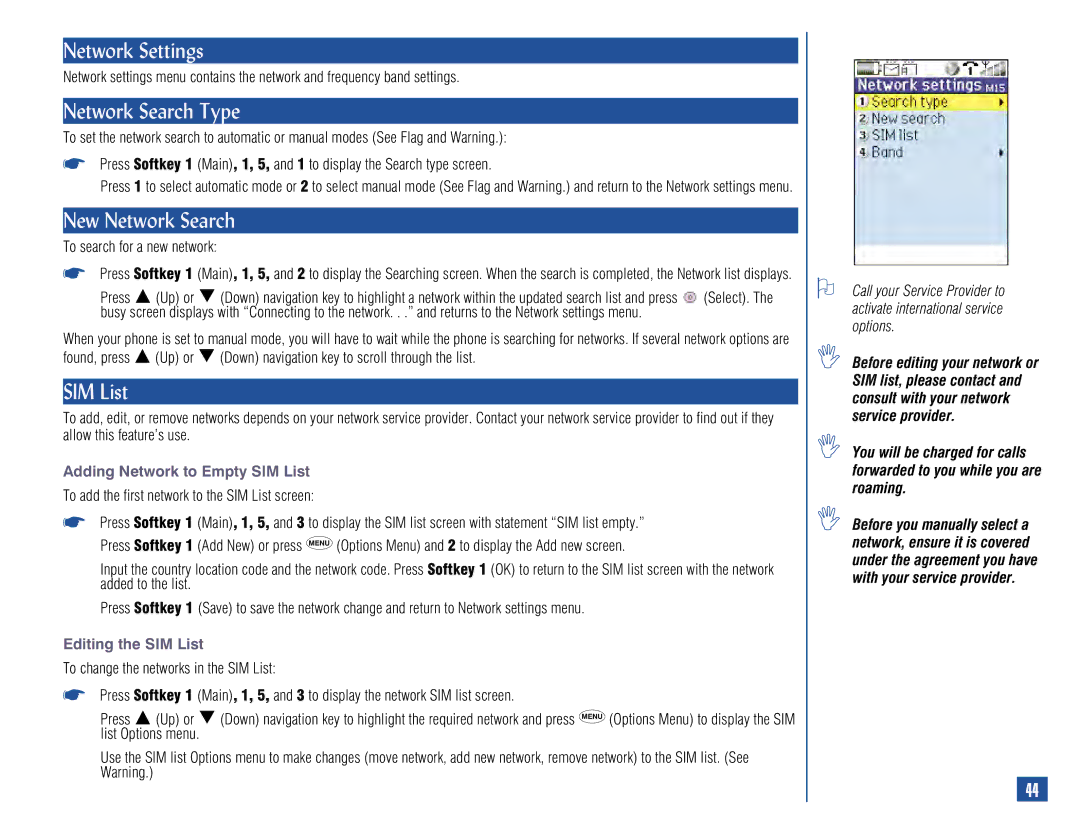 NEC 515 owner manual Network Settings, Network Search Type, New Network Search, SIM List 