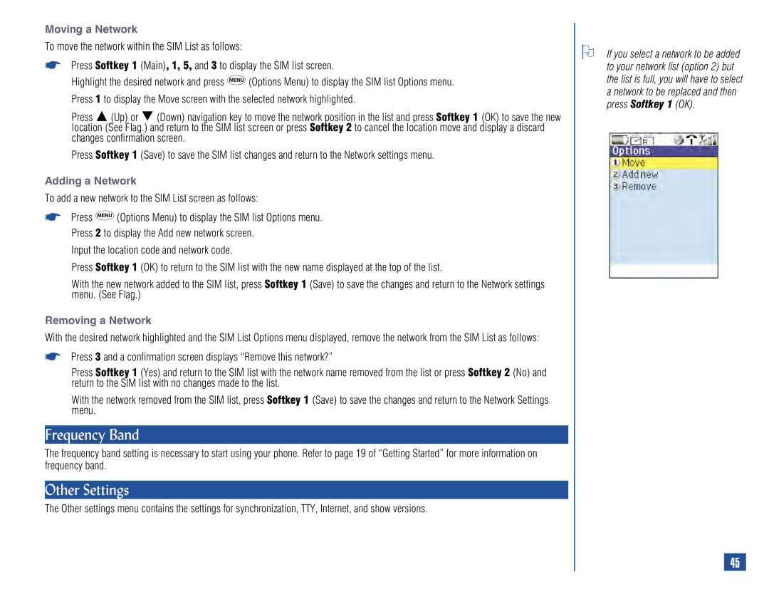 NEC 515 owner manual Frequency Band, Other Settings, Moving a Network, Adding a Network, Removing a Network 