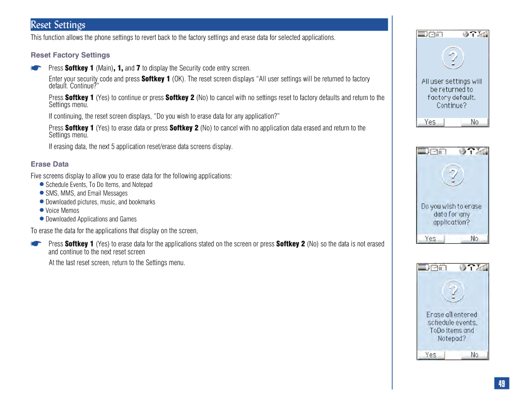 NEC 515 owner manual Reset Settings, Reset Factory Settings, Erase Data 