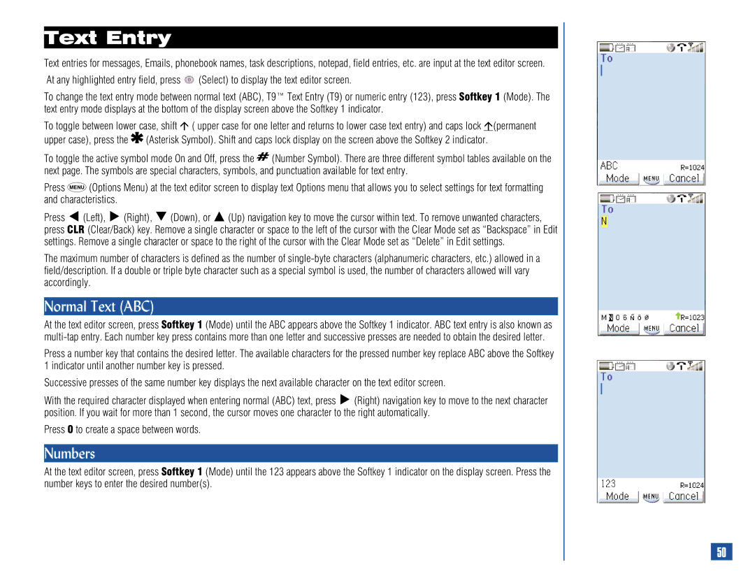 NEC 515 owner manual Text Entry, Normal Text ABC, Numbers, Press 0 to create a space between words 