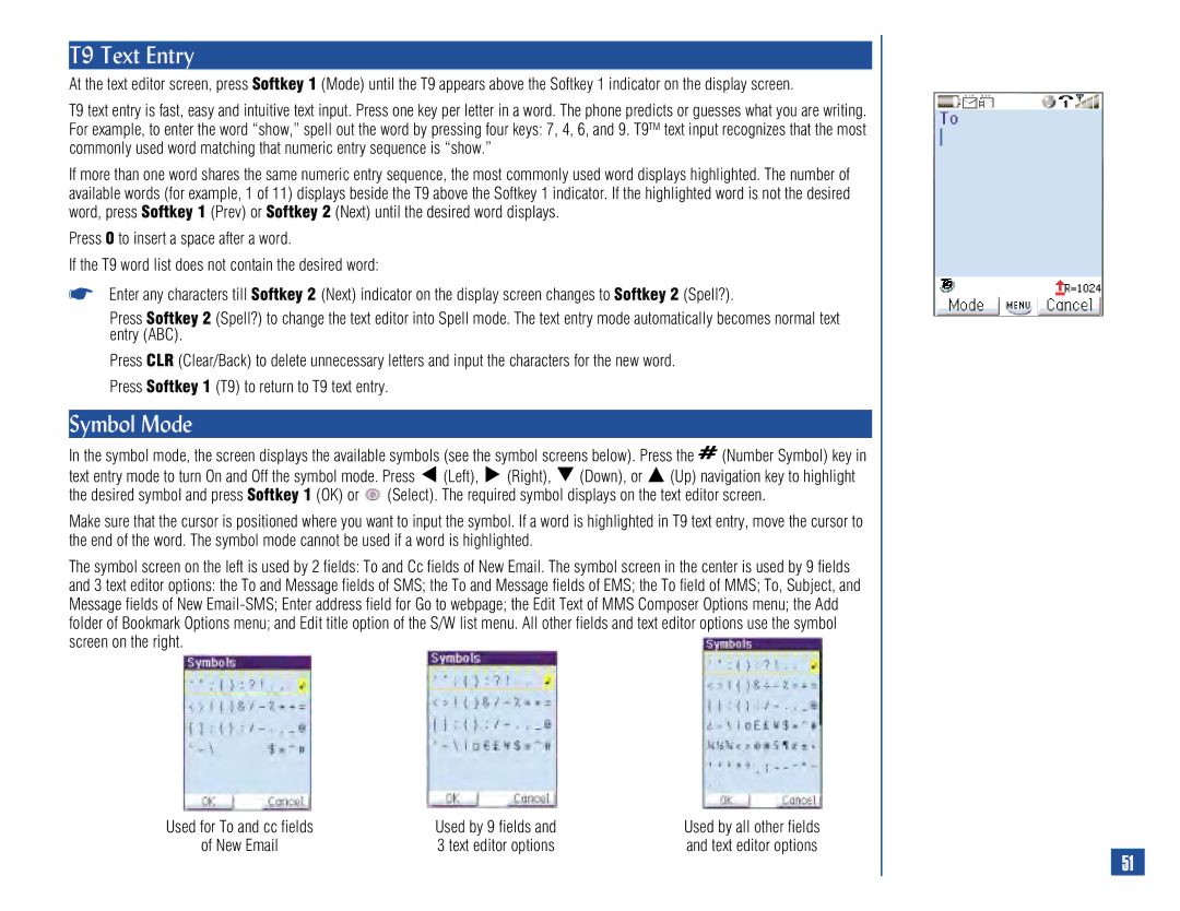 NEC 515 owner manual T9 Text Entry, Symbol Mode, Used by 9 fields, Text editor options 