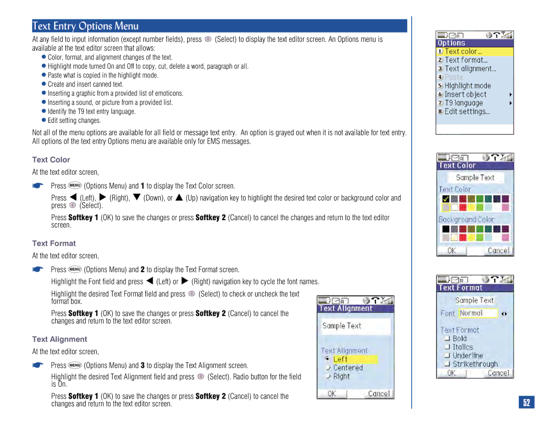 NEC 515 owner manual Text Entry Options Menu, Text Color, Text Format, Text Alignment 