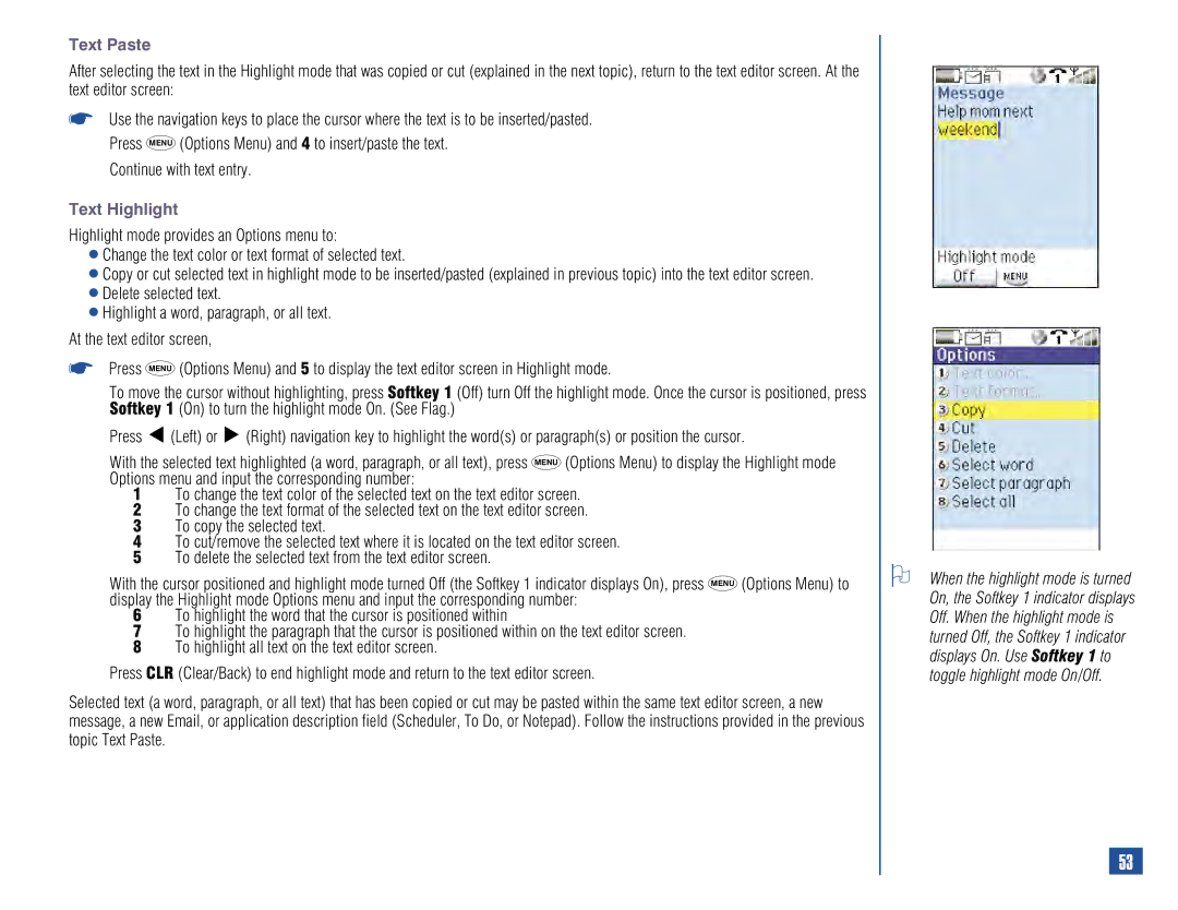 NEC 515 owner manual Text Paste, Continue with text entry, Text Highlight 