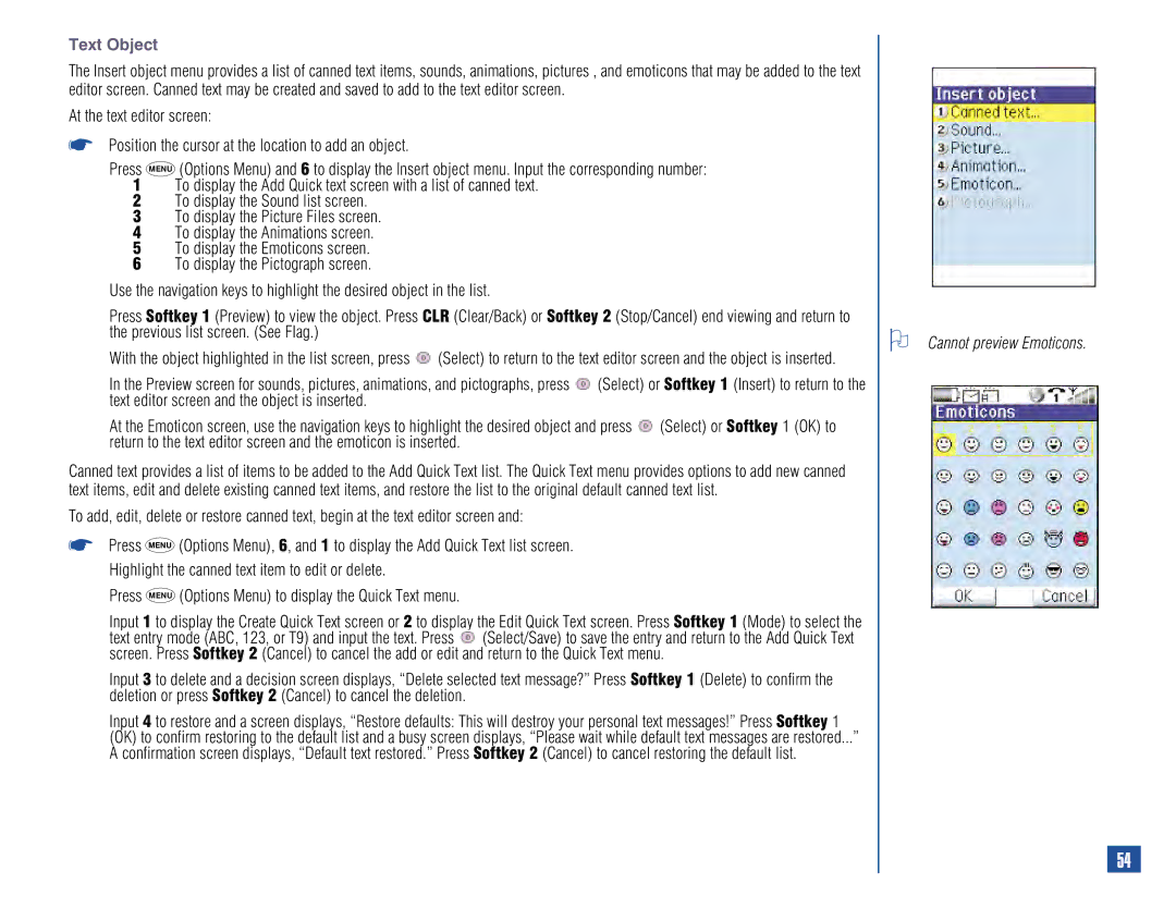 NEC 515 owner manual Text Object, Cannot preview Emoticons 