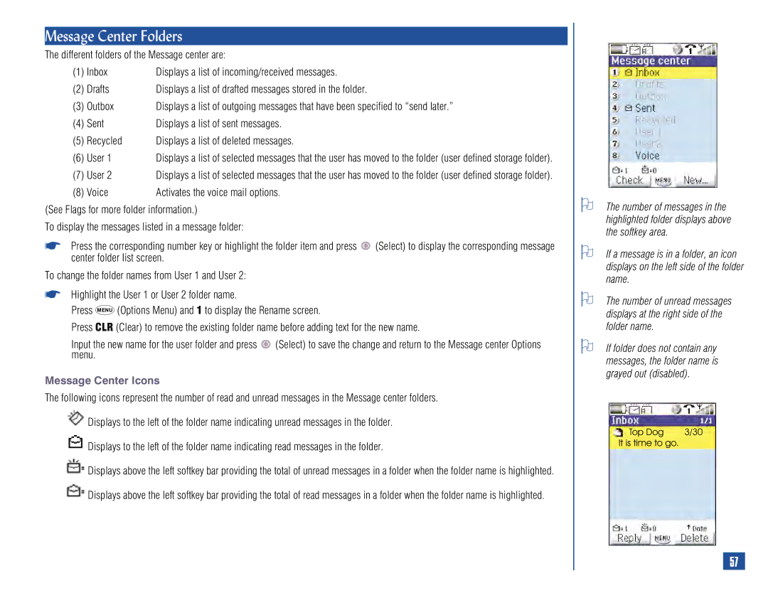 NEC 515 owner manual Message Center Folders, Message Center Icons 