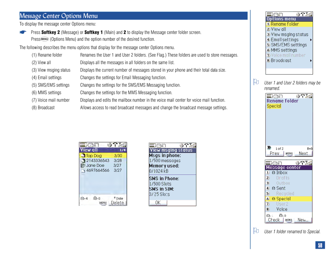 NEC 515 owner manual Message Center Options Menu, To display the message center Options menu, Broadcast 