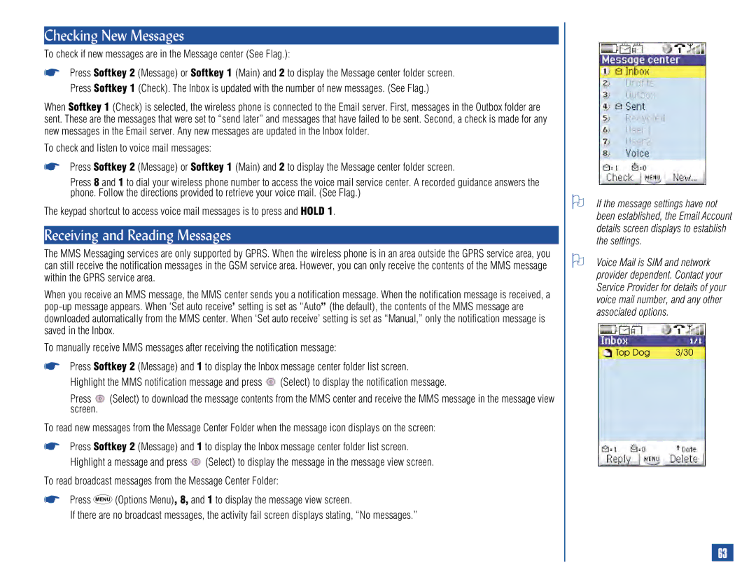 NEC 515 Checking New Messages, Receiving and Reading Messages, To check if new messages are in the Message center See Flag 