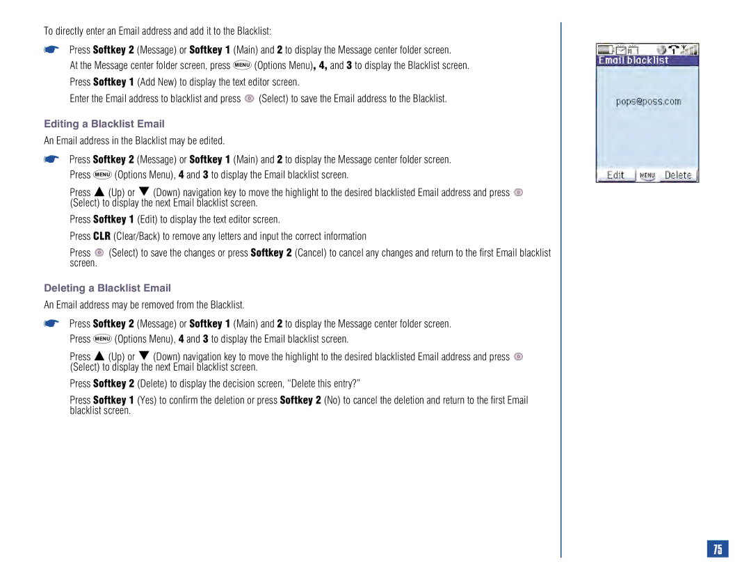 NEC 515 owner manual Editing a Blacklist Email, An Email address in the Blacklist may be edited, Deleting a Blacklist Email 