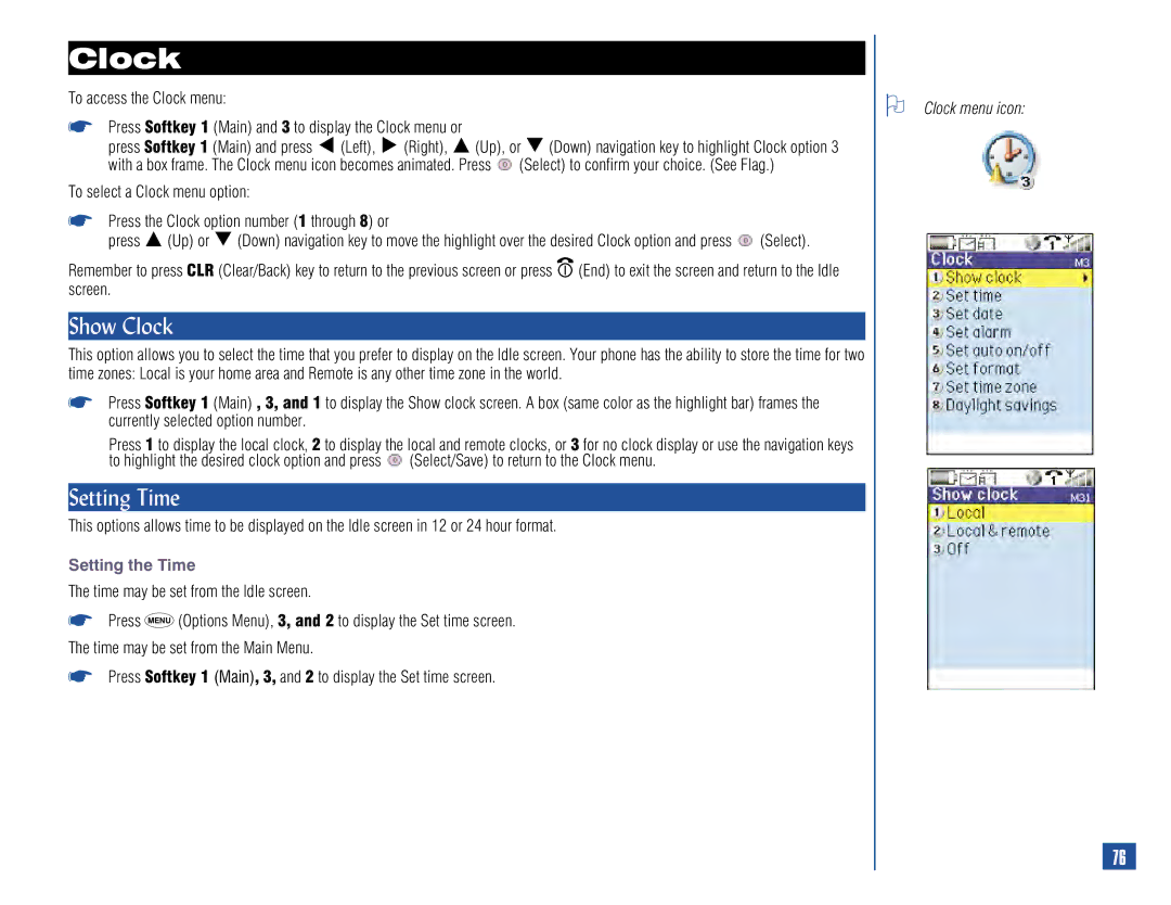 NEC 515 owner manual Show Clock, Setting Time, Setting the Time, Clock menu icon 