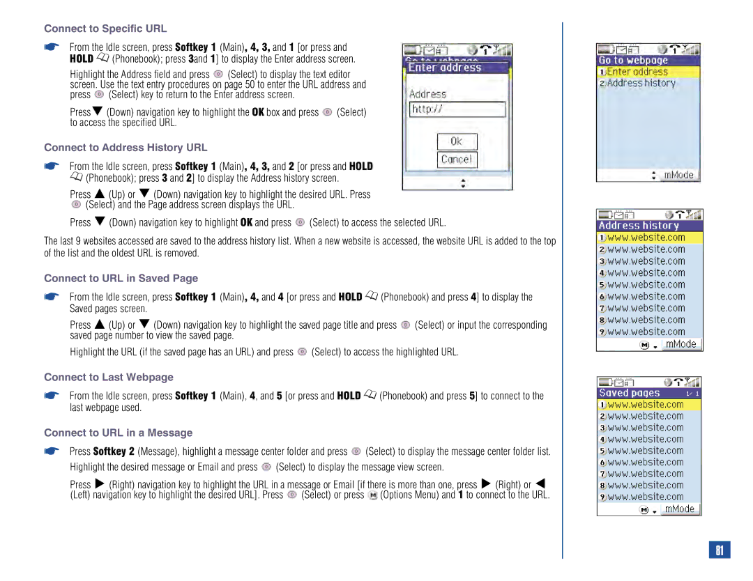 NEC 515 Connect to Specific URL, Connect to Address History URL, Connect to URL in Saved, Connect to Last Webpage 