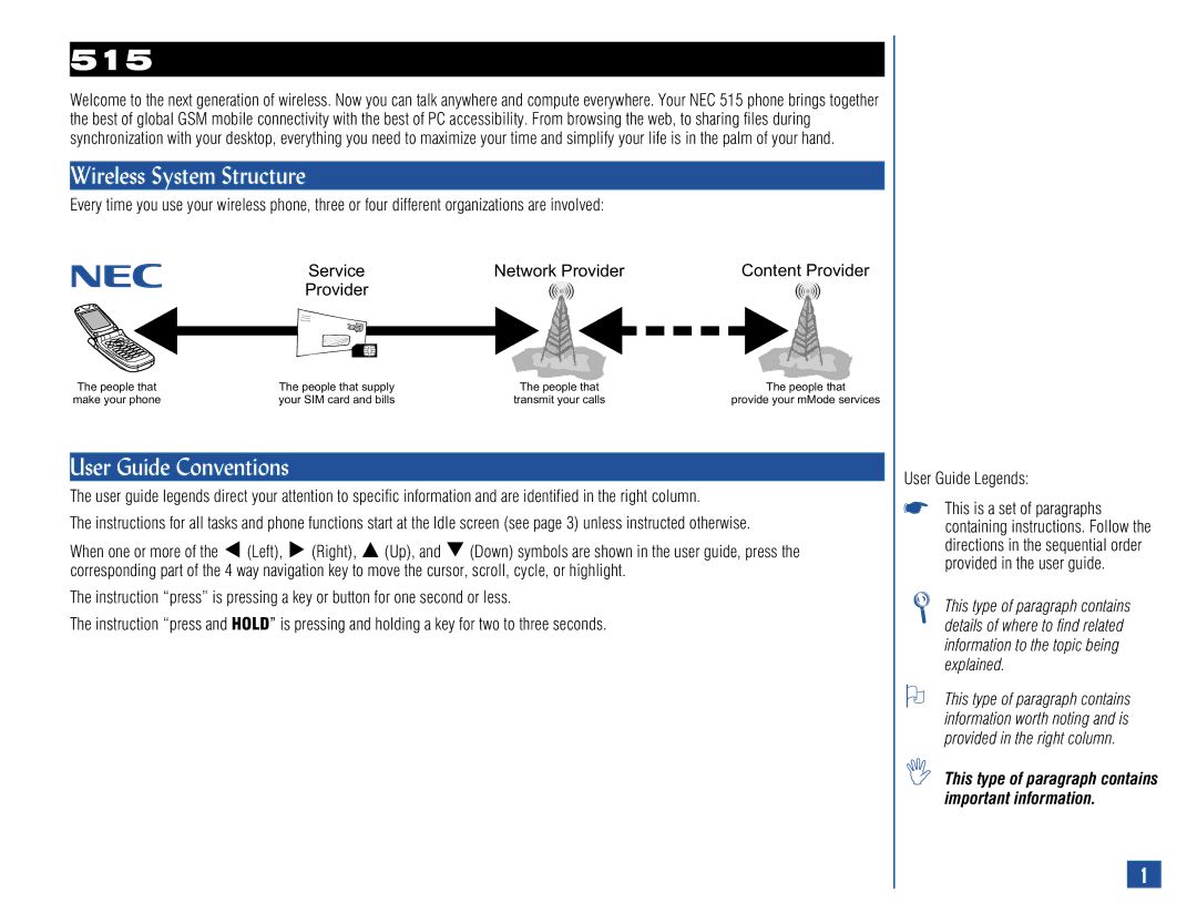 NEC 515 owner manual Wireless System Structure, User Guide Conventions 