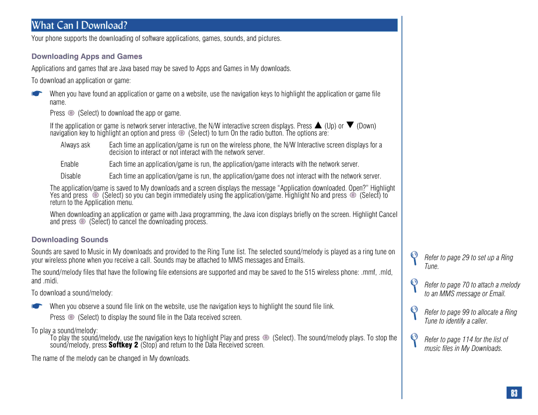 NEC 515 owner manual What Can I Download?, Downloading Apps and Games, Downloading Sounds 