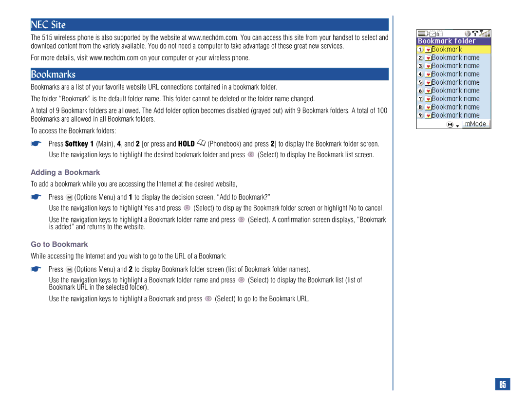 NEC 515 owner manual NEC Site Bookmarks, Adding a Bookmark, Go to Bookmark 