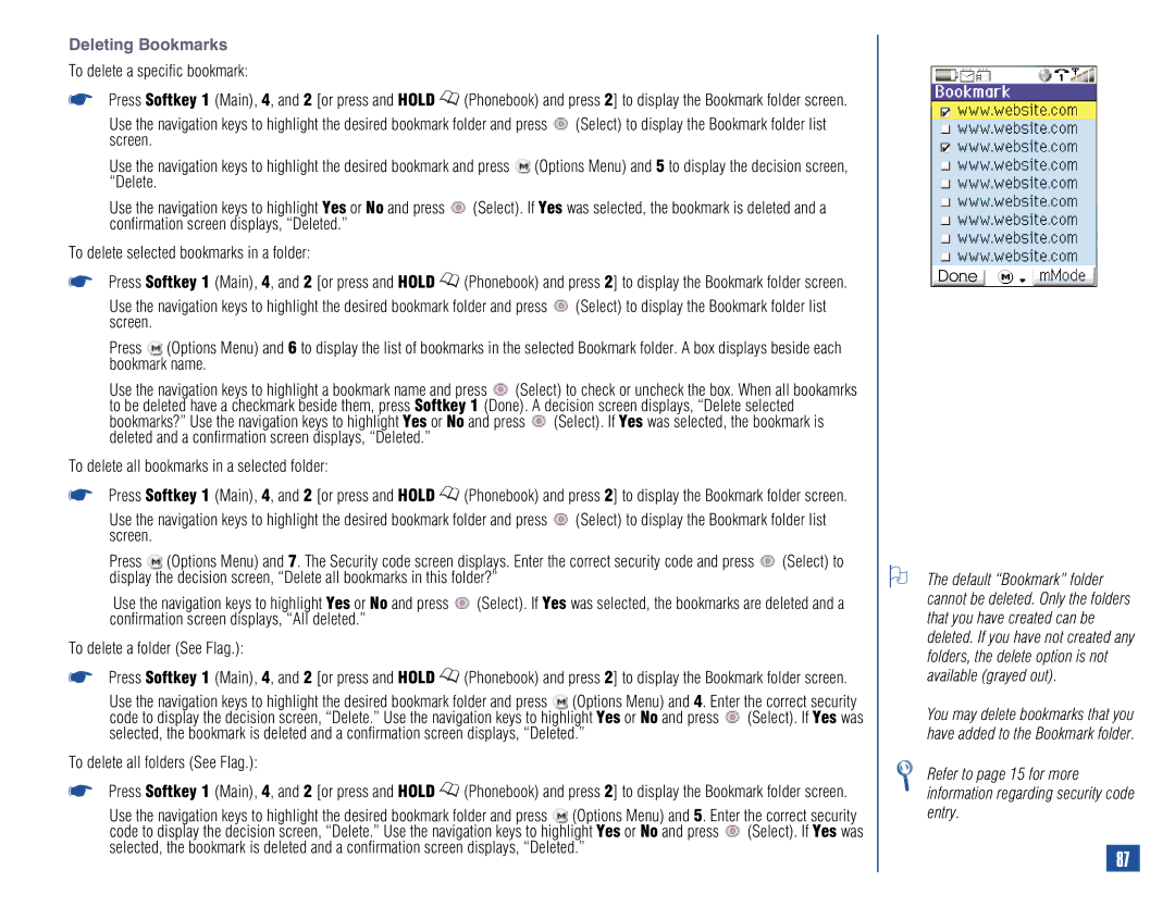 NEC 515 owner manual Deleting Bookmarks, To delete a specific bookmark, To delete all bookmarks in a selected folder, Done 