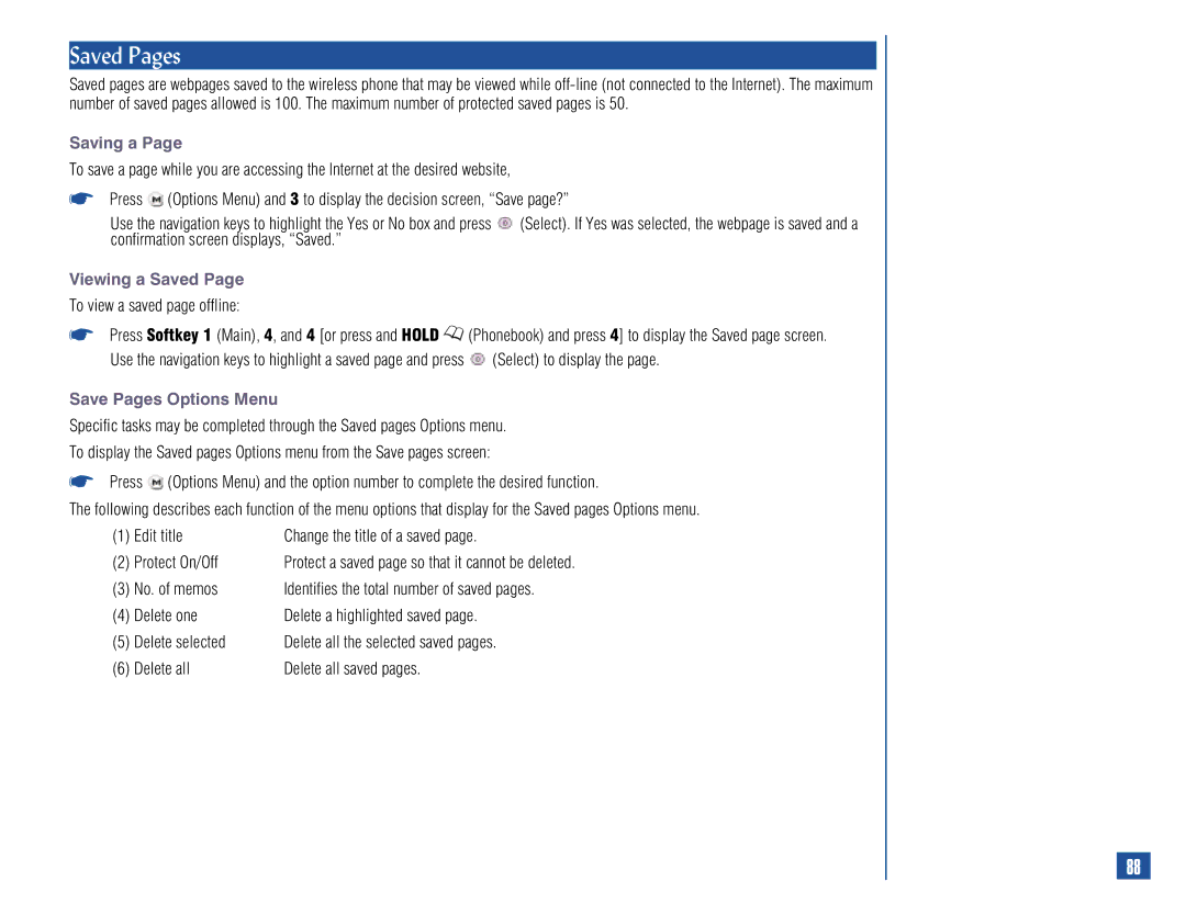 NEC 515 owner manual Saved Pages, Saving a, Viewing a Saved, Save Pages Options Menu 