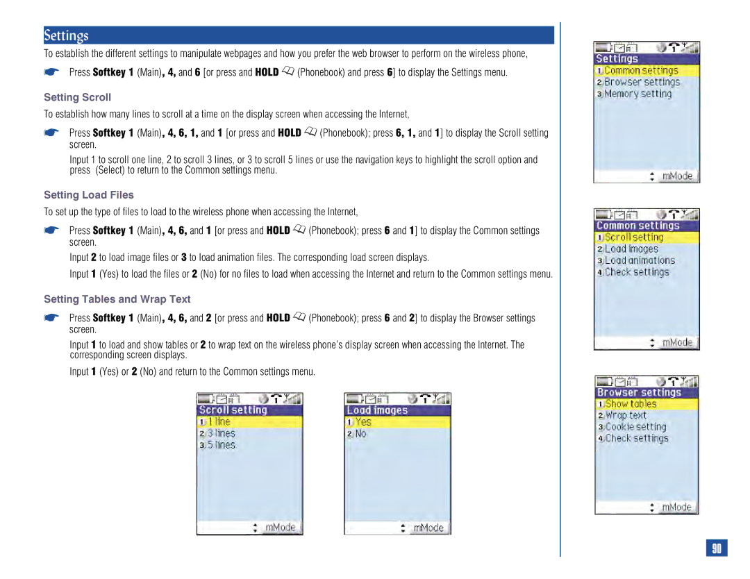 NEC 515 owner manual Settings, Setting Scroll, Setting Load Files, Setting Tables and Wrap Text 