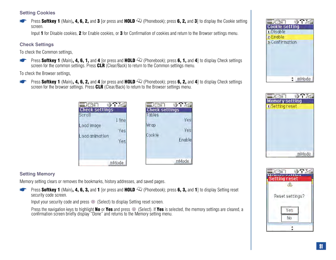 NEC 515 Setting Cookies, Check Settings, To check the Common settings, To check the Browser settings, Setting Memory 