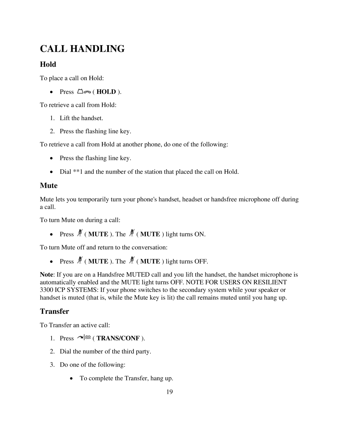 NEC 5224 manual Call Handling, Hold, Mute, Transfer 