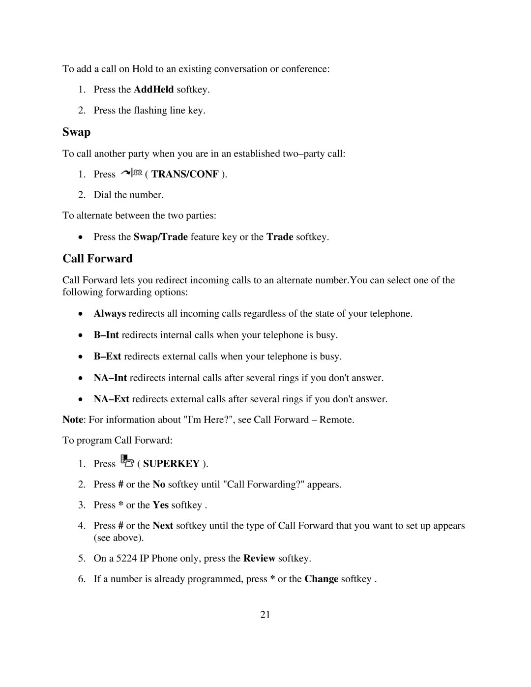 NEC 5224 manual Swap, Call Forward 