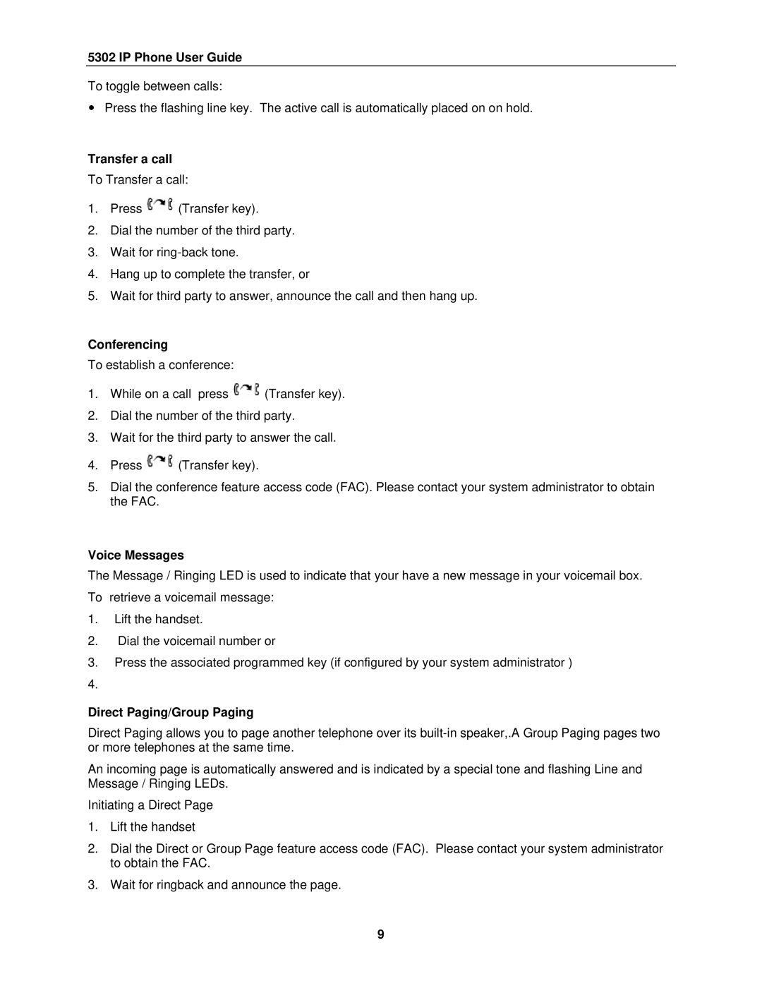 NEC 5302 manual Transfer a call, Conferencing, Voice Messages, Direct Paging/Group Paging 