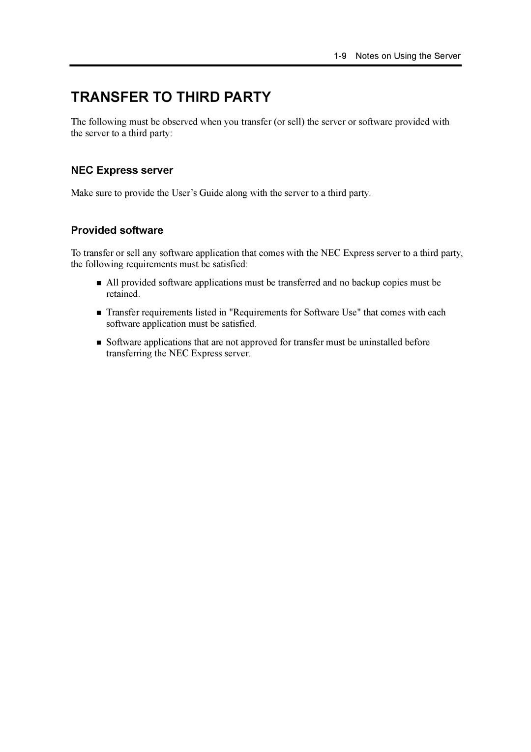 NEC 120Mf, 5800 manual Transfer to Third Party, NEC Express server, Provided software 