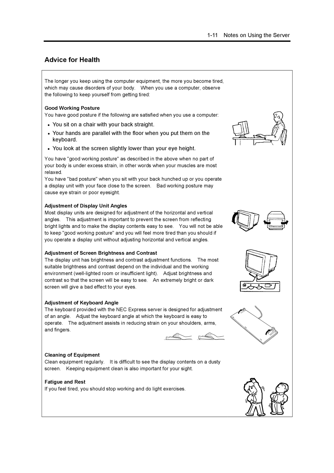 NEC 120Mf, 5800 manual Advice for Health, Adjustment of Display Unit Angles 