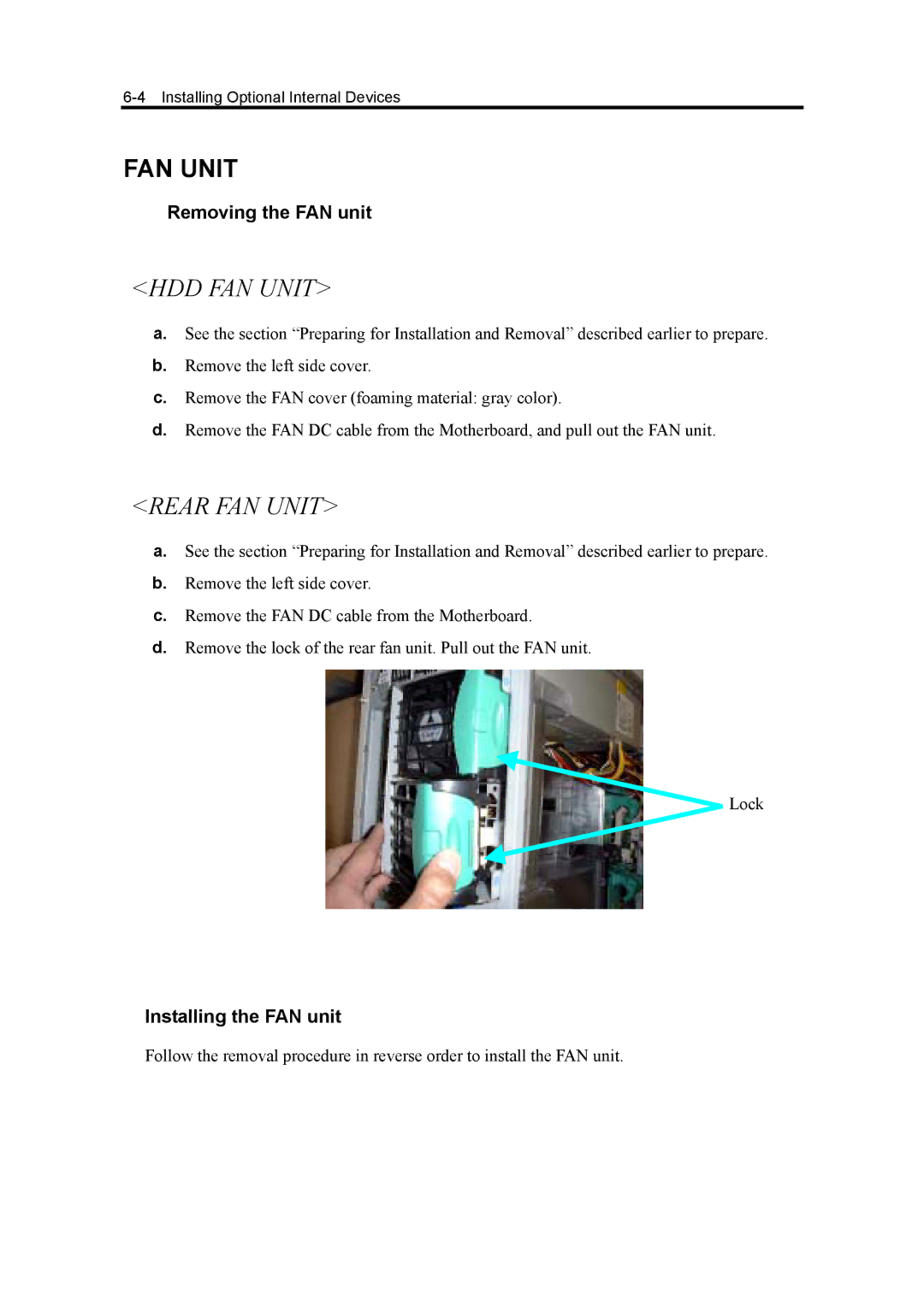 NEC 5800, 120Mf manual FAN Unit, Removing the FAN unit, Installing the FAN unit 