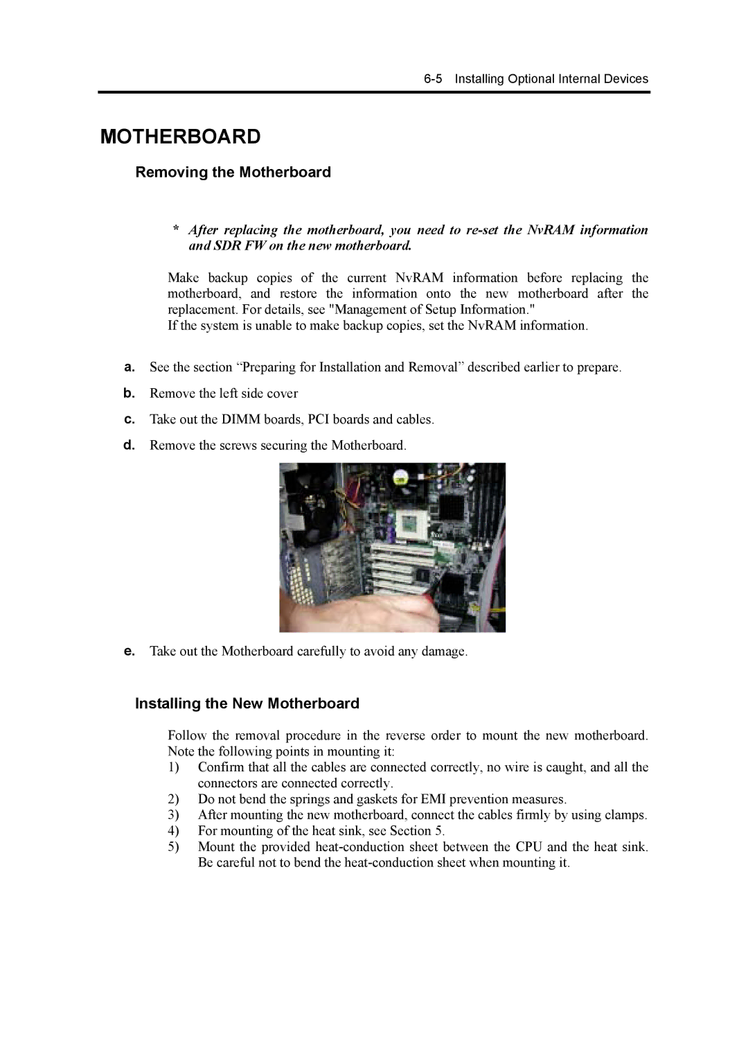 NEC 120Mf, 5800 manual Removing the Motherboard, Installing the New Motherboard 