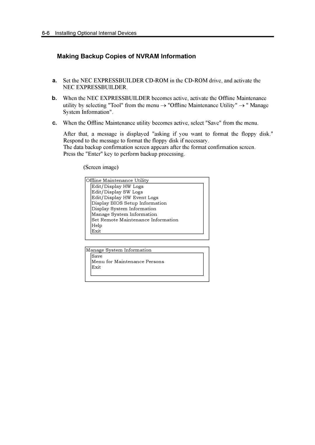 NEC 5800, 120Mf manual Making Backup Copies of Nvram Information, NEC Expressbuilder 