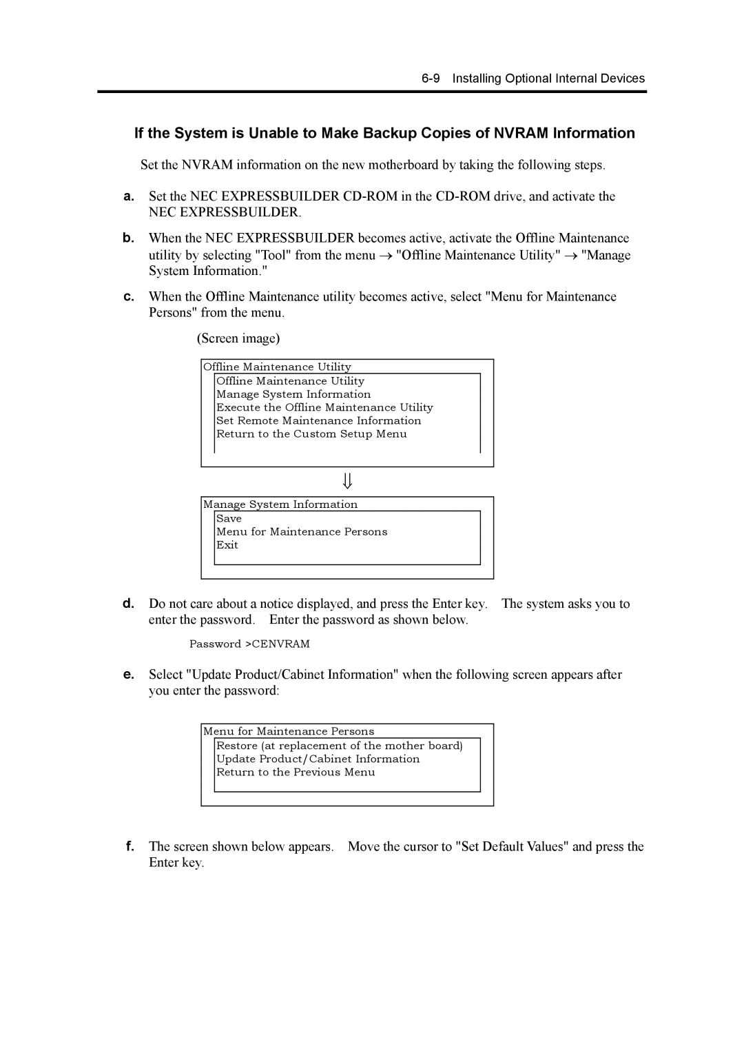 NEC 120Mf, 5800 manual Password Cenvram 