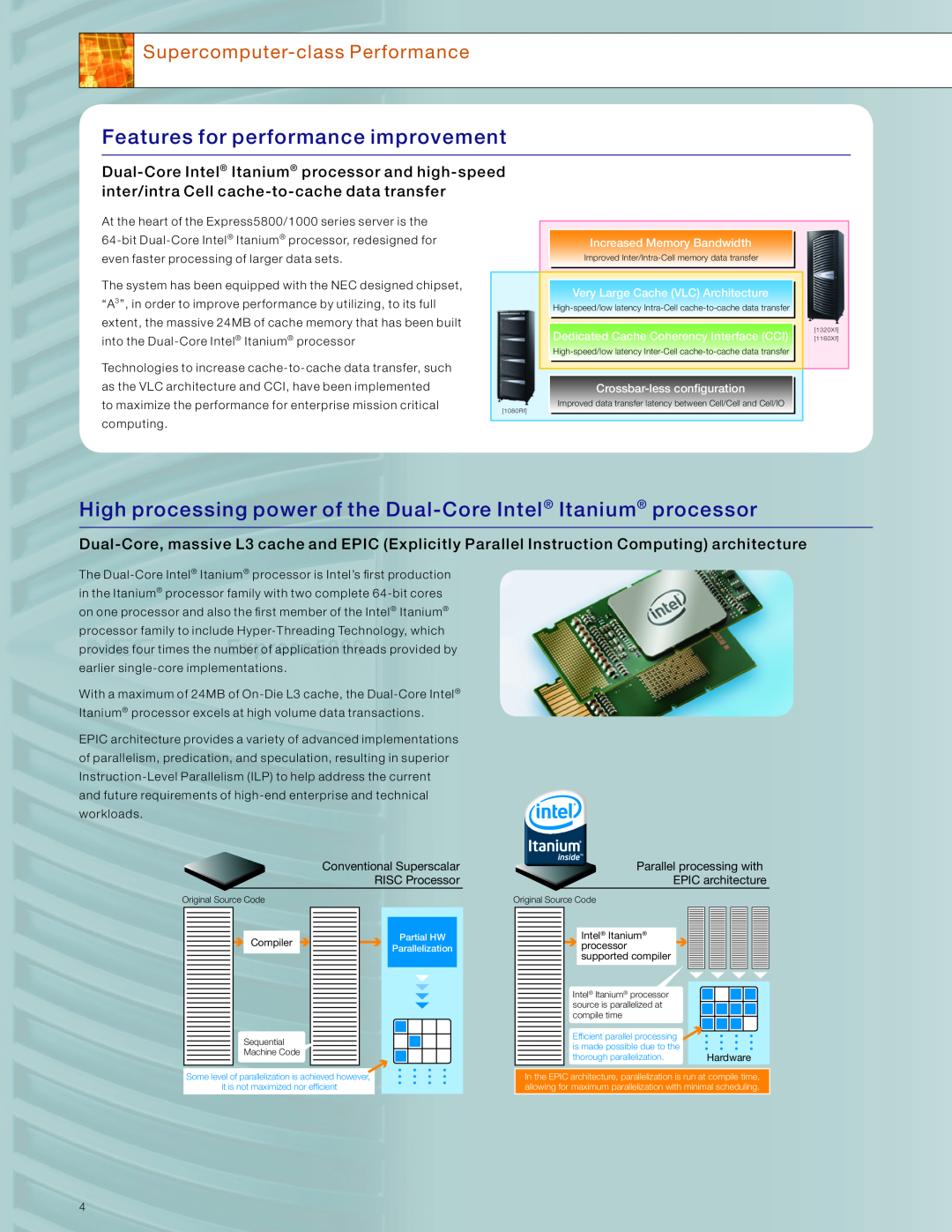 NEC 5800 Series manual Features for performance improvement, High processing power of the Dual-Core Intel Itanium processor 