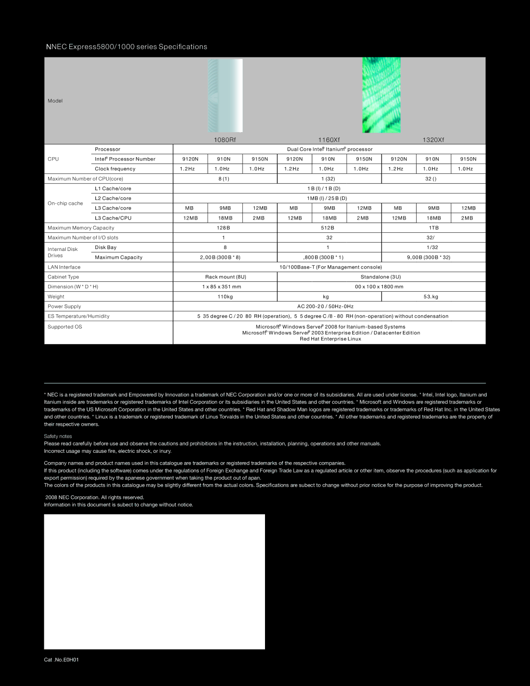 NEC 5800 Series manual Processor Dual Core Intel Itanium processor, L1 Cache/core 16KB I / 16KB D, 12MB, 128GB 512GB, 32/64 