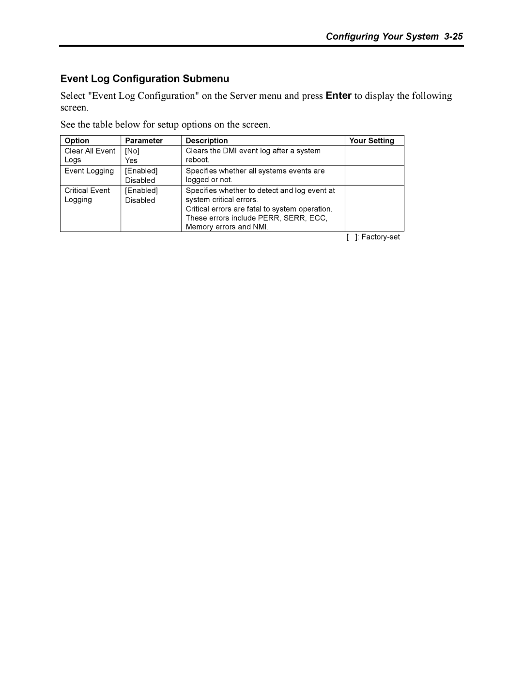 NEC 5800 manual Event Log Configuration Submenu 