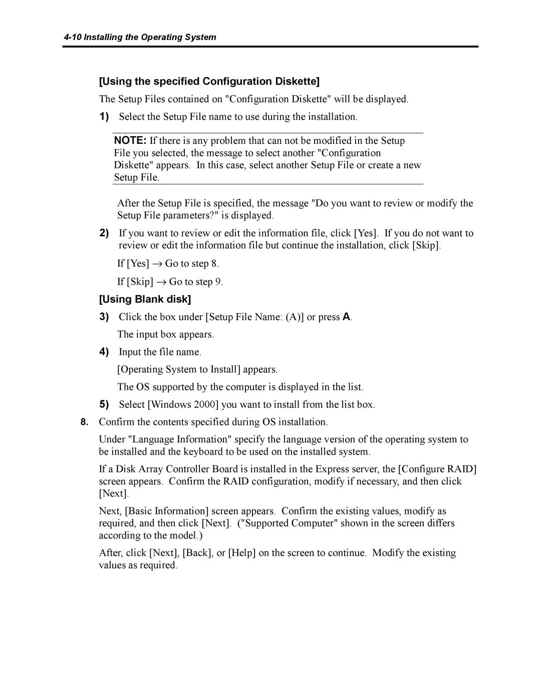 NEC 5800 manual Using the specified Configuration Diskette, Using Blank disk 