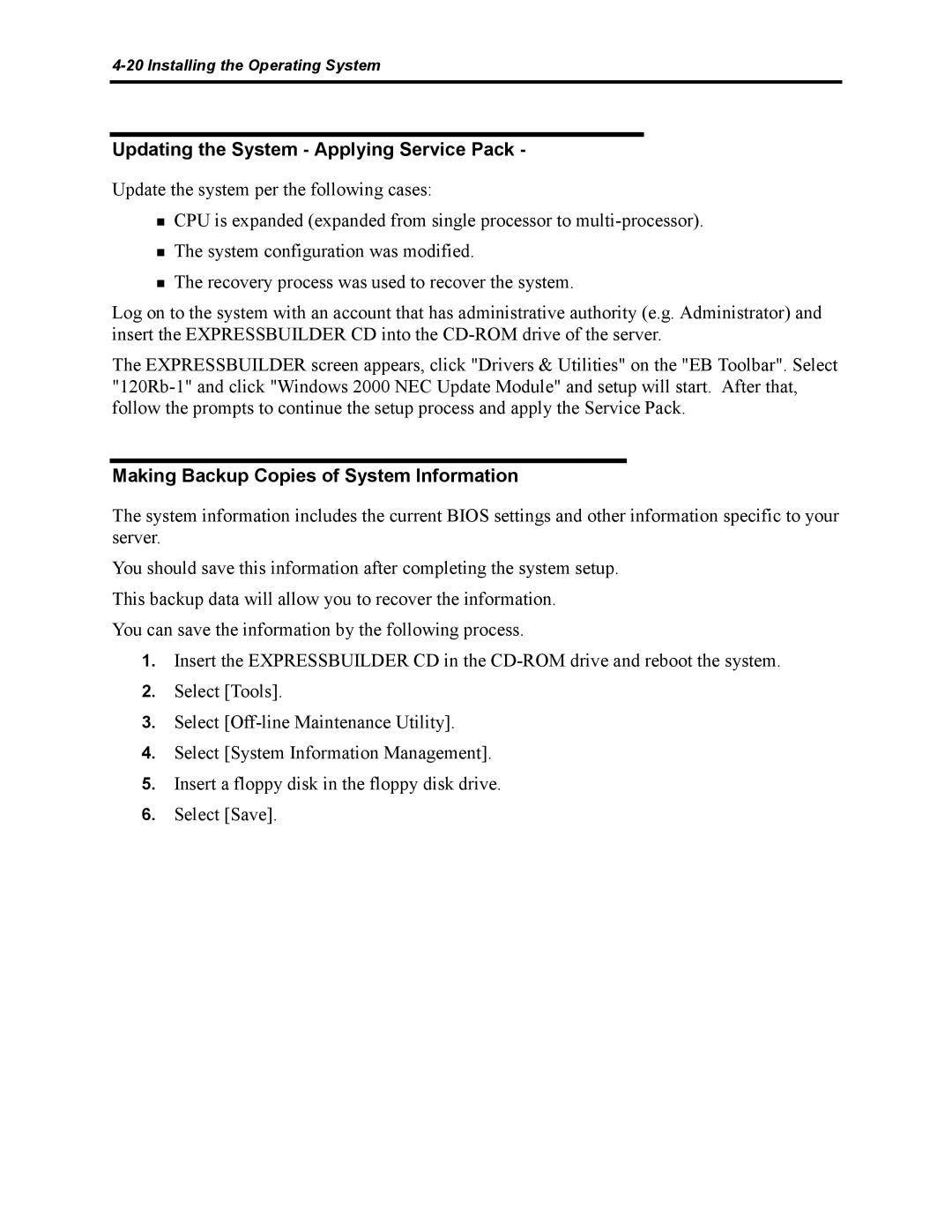 NEC 5800 manual Updating the System Applying Service Pack, Making Backup Copies of System Information 