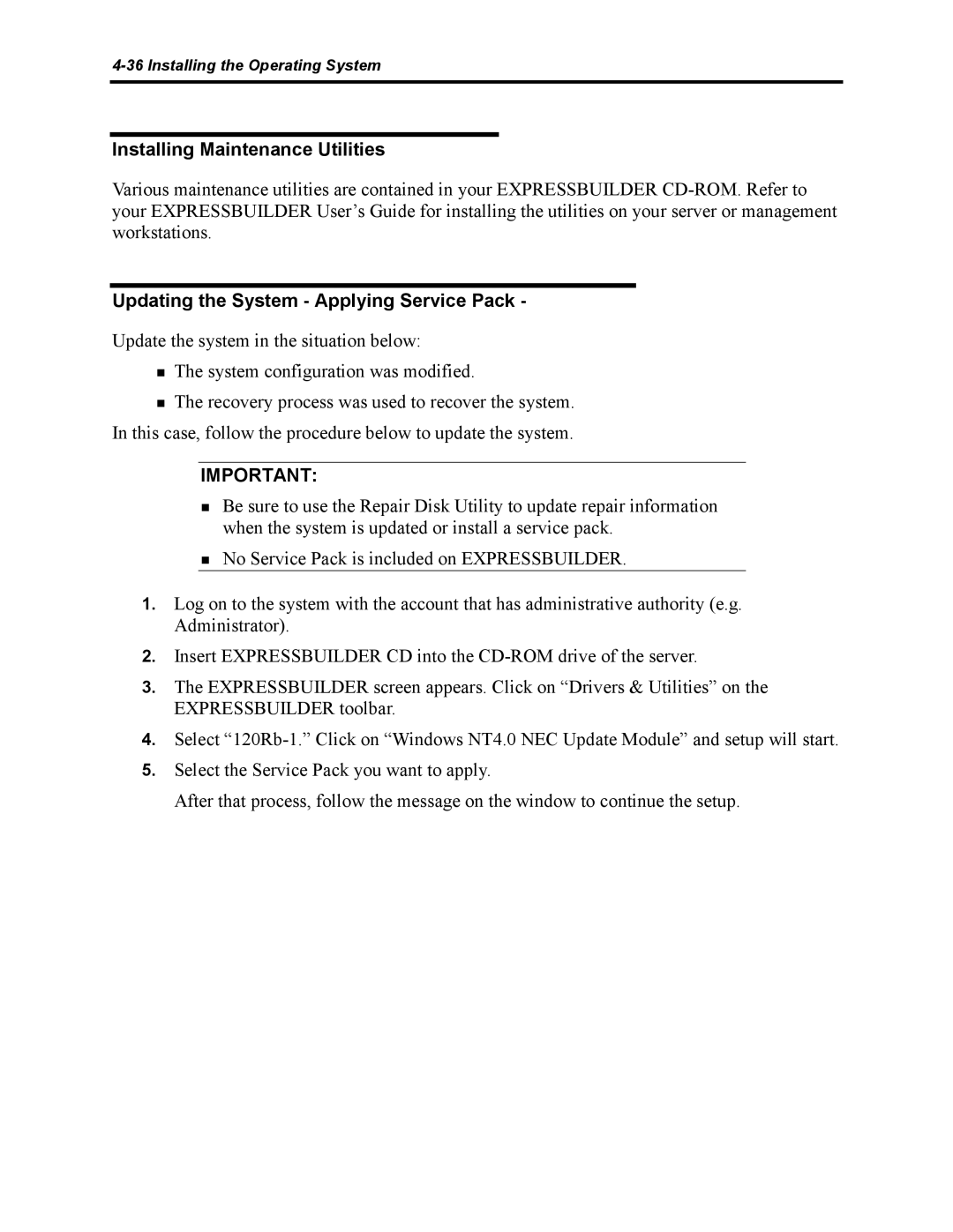 NEC 5800 manual Installing Maintenance Utilities 