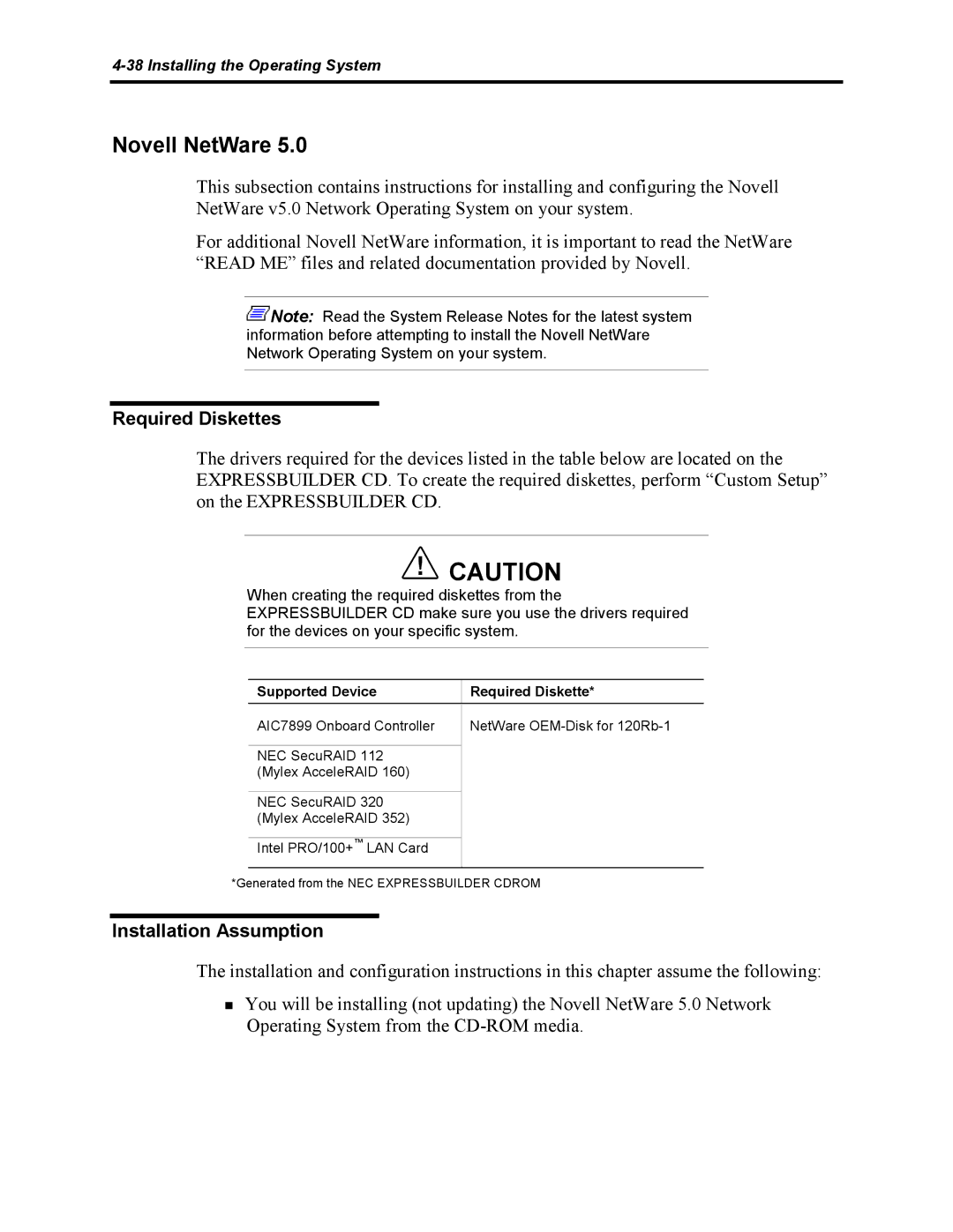 NEC 5800 manual Required Diskettes, Installation Assumption, Supported Device Required Diskette 