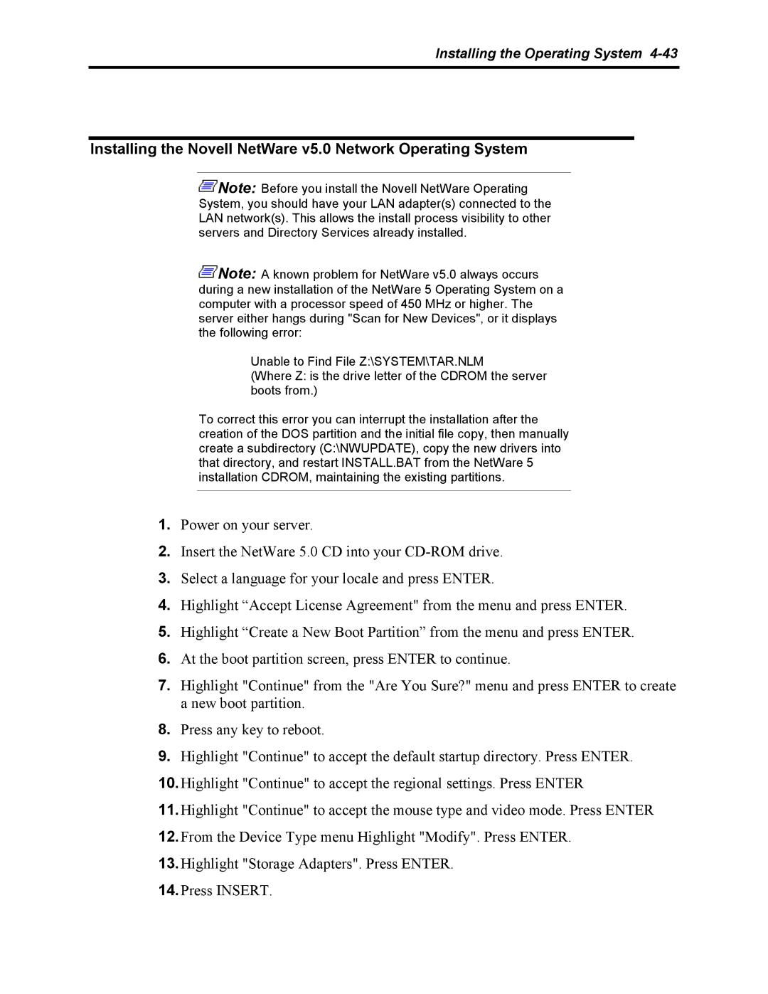 NEC 5800 manual Installing the Novell NetWare v5.0 Network Operating System 