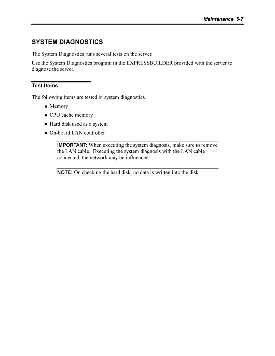 NEC 5800 manual System Diagnostics, Test Items 